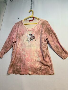Gloria Vanderbilt Pink Graphic Long Sleeve Cherub Top 1X